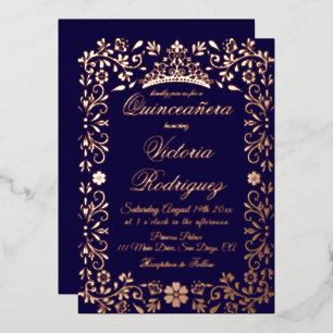 Navy Gold Quinceañera Elegant Floral  Foil Invitation