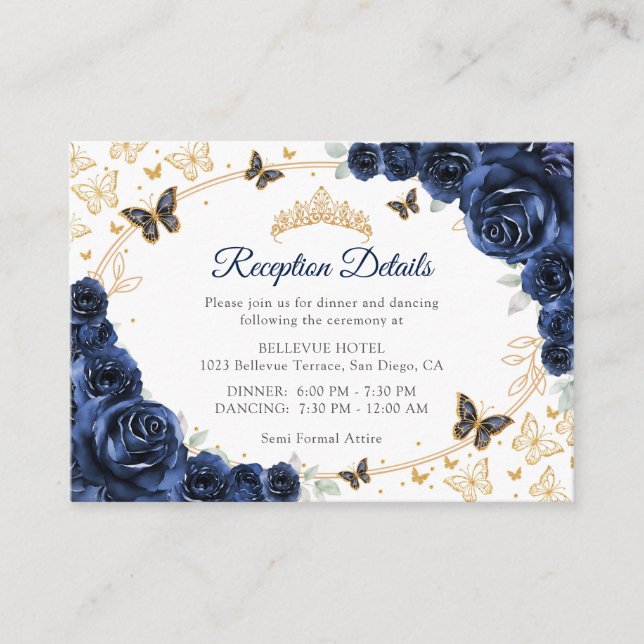 Navy Gold Quinceanera Reception Details Enclosure Card (Front)