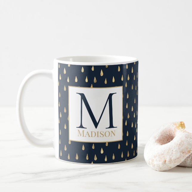 Navy Gold Raindrop Modern Trendy Monogram Coffee Mug (With Donut)