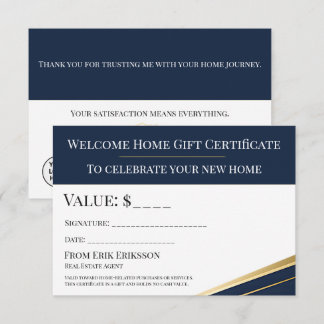 Navy Gold Realtor Welcome Home Gift Certificate