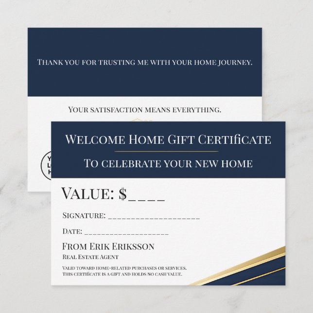 Navy Gold Realtor Welcome Home Gift Certificate (Front/Back)