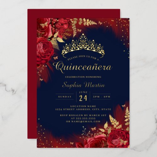 Navy Gold Red Butterfly Floral Quinceanera  Foil Invitation