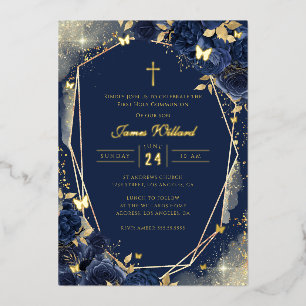 Navy Gold Rose Boys First Communion Foil Invitation