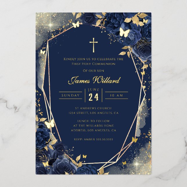 Navy Gold Rose Boys First Communion Foil Invitation (Front)