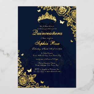 Navy Gold Rose Dress Quinceanera Foil Invitation