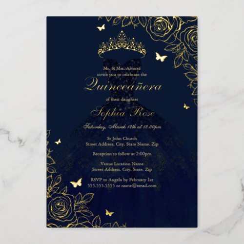 Navy Gold Rose Dress Quinceanera Foil Invitation