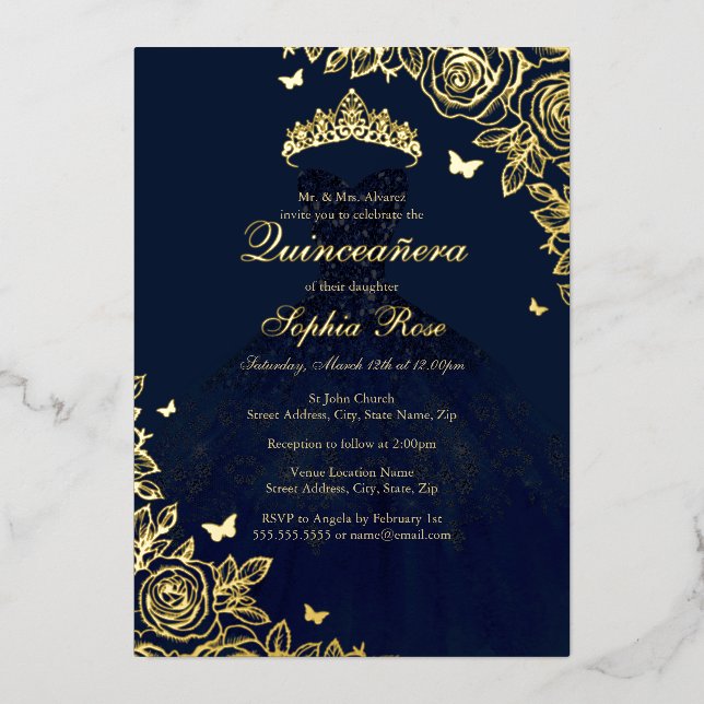 Navy Gold Rose Dress Quinceanera Foil Invitation (Front)