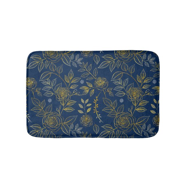 Navy & Gold Rose  – Seamless Botanical Pattern Bath Mat (Front)