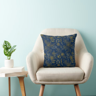 Navy & Gold Rose – Seamless Botanical Pattern Throw Pillow