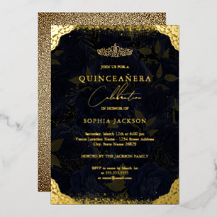 Navy Gold Rose Tiara Quinceanera Foil Invitation