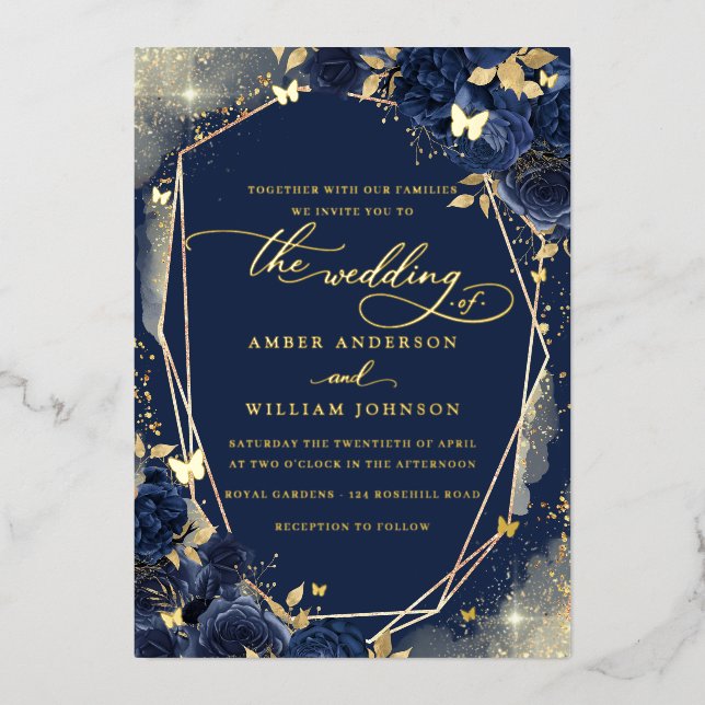 Navy Gold Rose Wedding  Foil Invitation (Front)