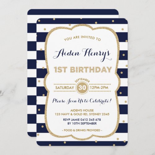 Navy  Gold Royal Prince 1st Birthday Invitation