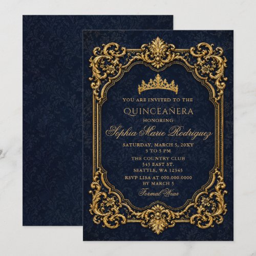Navy Gold Royal Princess Tiara Quinceañera Invitation