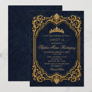 Navy Gold Royal Princess Tiara Sweet 16 Invitation