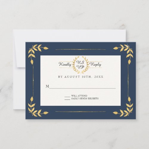 Navy Gold RSVP Modern Laurel Leaf Wreath Foliage