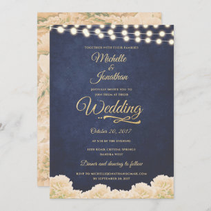 Navy Gold Rustic Chic Floral String Lights Wedding Invitation