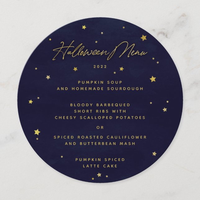 Navy/Gold Scattered Stars Square/Round Halloween Menu (Front)