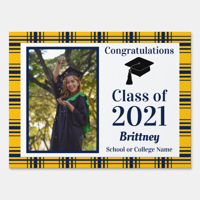 Navy Gold School Colors Plaid Graduation Sign (Back)