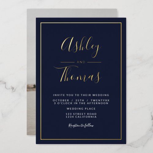 Navy gold script photo wedding geometric frame foil invitation