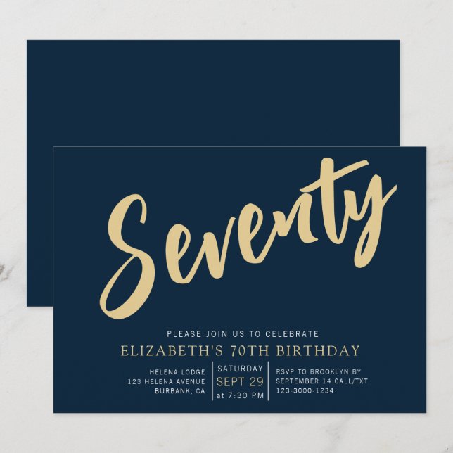 Navy Gold Script Seventy 70th Birthday Invitation (Front/Back)