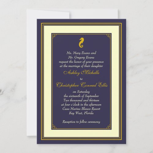 Navy Gold Seahorse Nautical Wedding Invitation