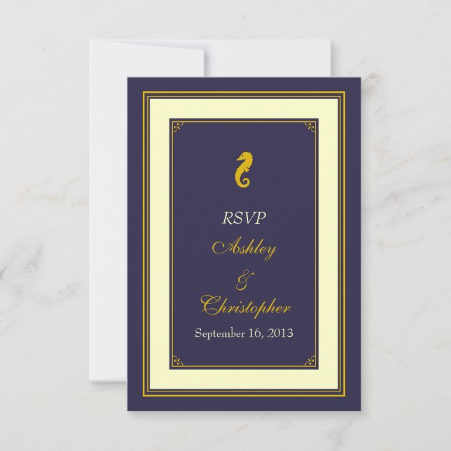 Navy Gold Seahorse Nautical Wedding Response Card (Front)