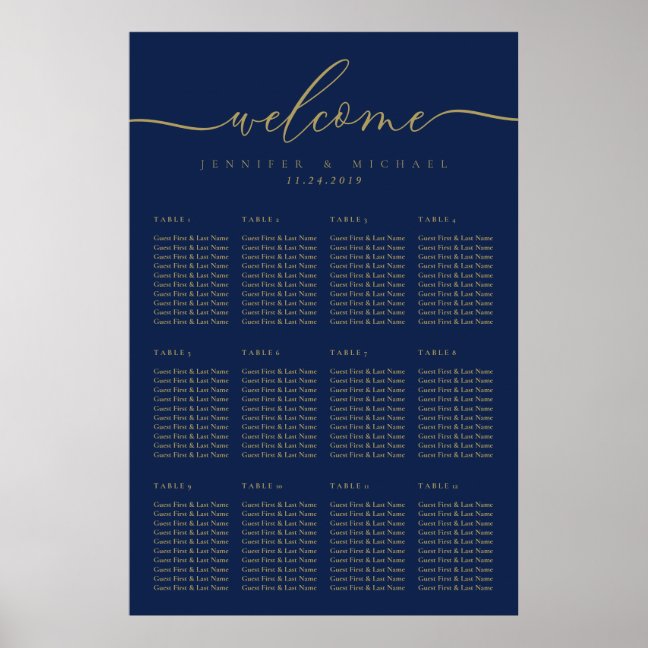 Navy Gold Seating Plan Table Numbers Welcome Poster