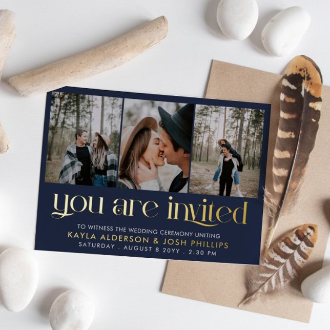 Navy Gold Serif 3 Photos You Are Invited Wedding Foil Invitation Postcard (Creator Uploaded)