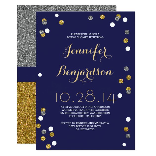Navy Gold & Silver Confetti Bridal Shower Invitation