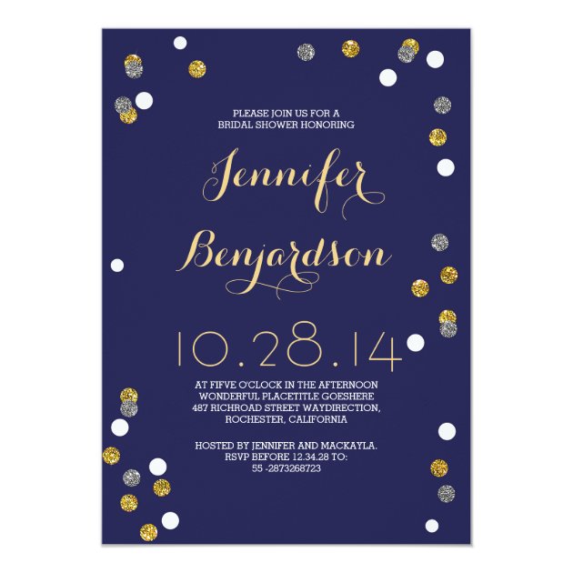Navy Gold & Silver Confetti Bridal Shower Invitation
