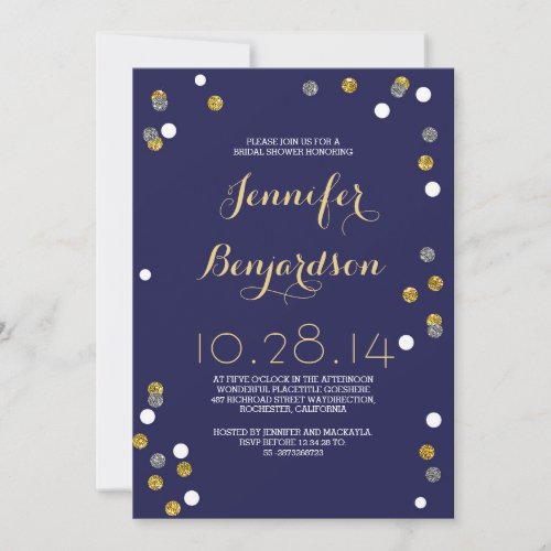 Navy Gold  Silver Confetti Bridal Shower Invitation