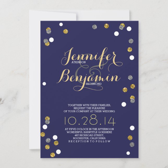 Navy Gold & Silver Confetti Modern Wedding Invite (Front)