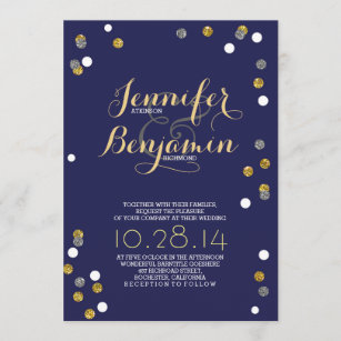 Navy Gold & Silver Confetti Modern Wedding Invite