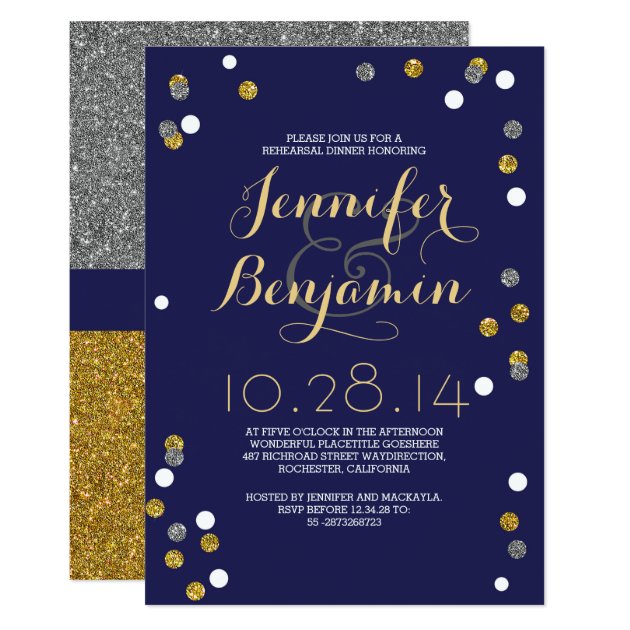 Navy Gold & Silver Confetti Rehearsal Dinner Invitation