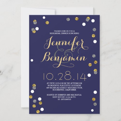 Navy Gold  Silver Confetti Rehearsal Dinner Invitation