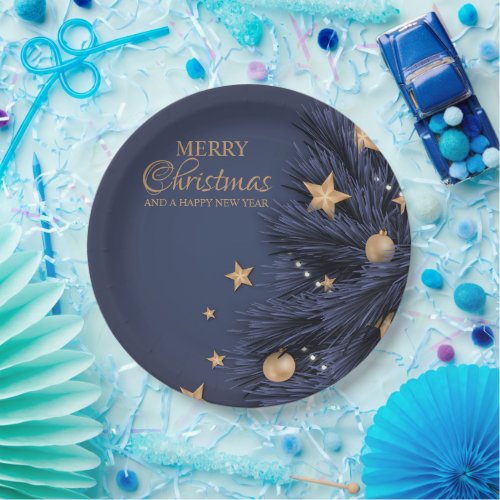 Navy Gold Simple Christmas Day 9Round Paper Plate