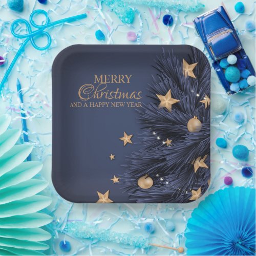 Navy Gold Simple Christmas Day 9 Square  Paper Plates