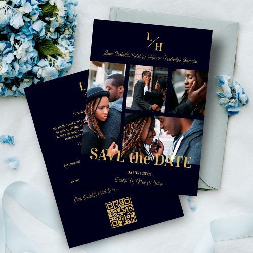 Navy  Gold Simple Classic 4 Multi Photos Collage Save The Date