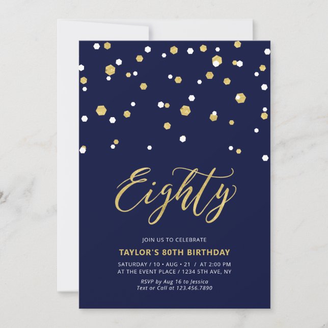 Navy & Gold Simple Eighty 80th Birthday Party Invitation (Front)