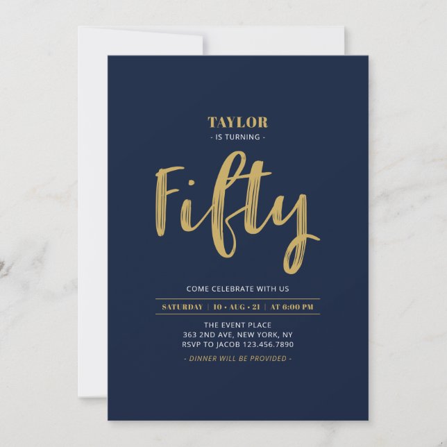 Navy & Gold Simple Fifty 50th Birthday Party Invitation (Front)