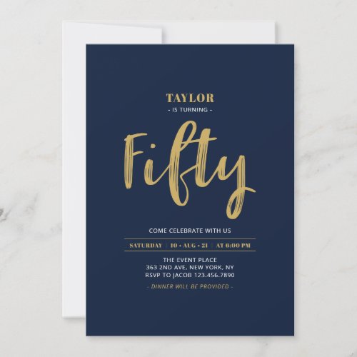 Navy  Gold Simple Fifty 50th Birthday Party Invitation