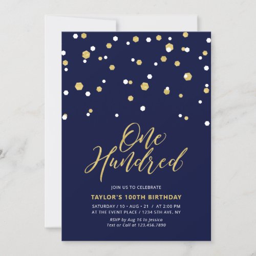 Navy  Gold Simple Hundred 100th Birthday Party Invitation