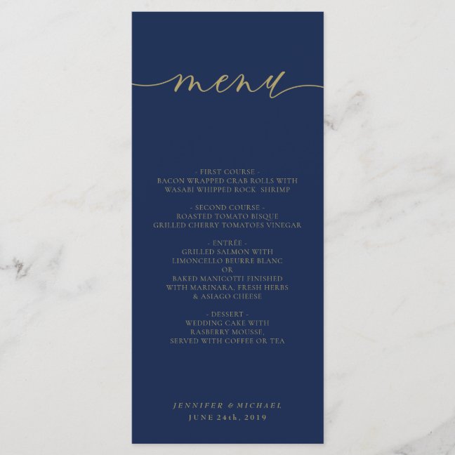 Navy Gold Simple Modern Wedding Ceremony Dinner Menu