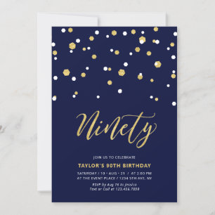 Navy & Gold Simple Ninety 90th Birthday Party Invitation