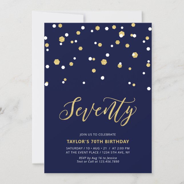 Navy & Gold Simple Seventy 70th Birthday Party Invitation (Front)