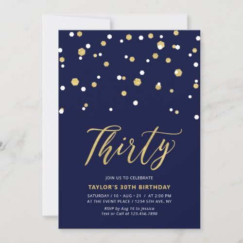 Navy  Gold Simple Thirty 30th Birthday Party Invitation