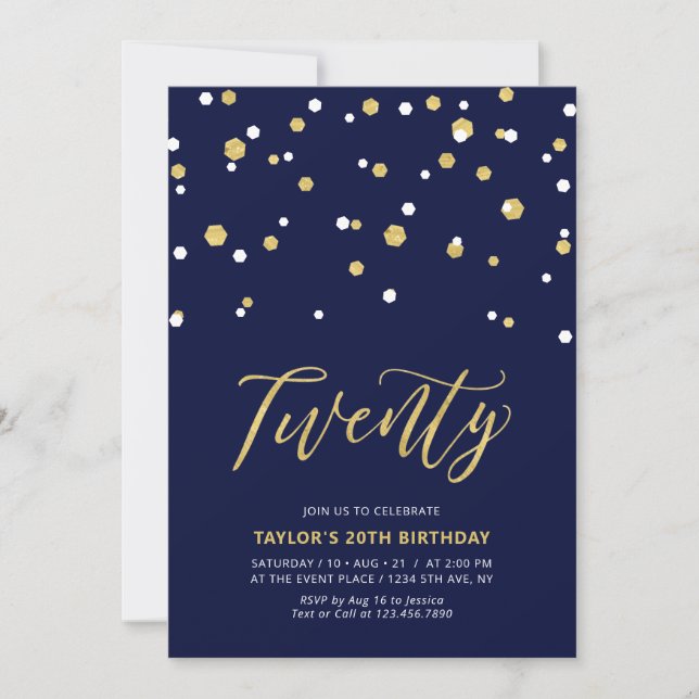 Navy & Gold Simple Twenty 20th Birthday Party Invitation (Front)