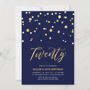 Navy & Gold Simple Twenty 20th Birthday Party Invitation