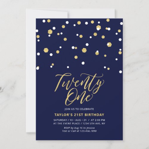 Navy  Gold Simple Twenty One 21st Birthday Party Invitation