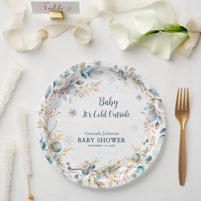 Navy Gold Snowflake Its Cold Outside Baby Shower Paper Plates (Creator Uploaded)